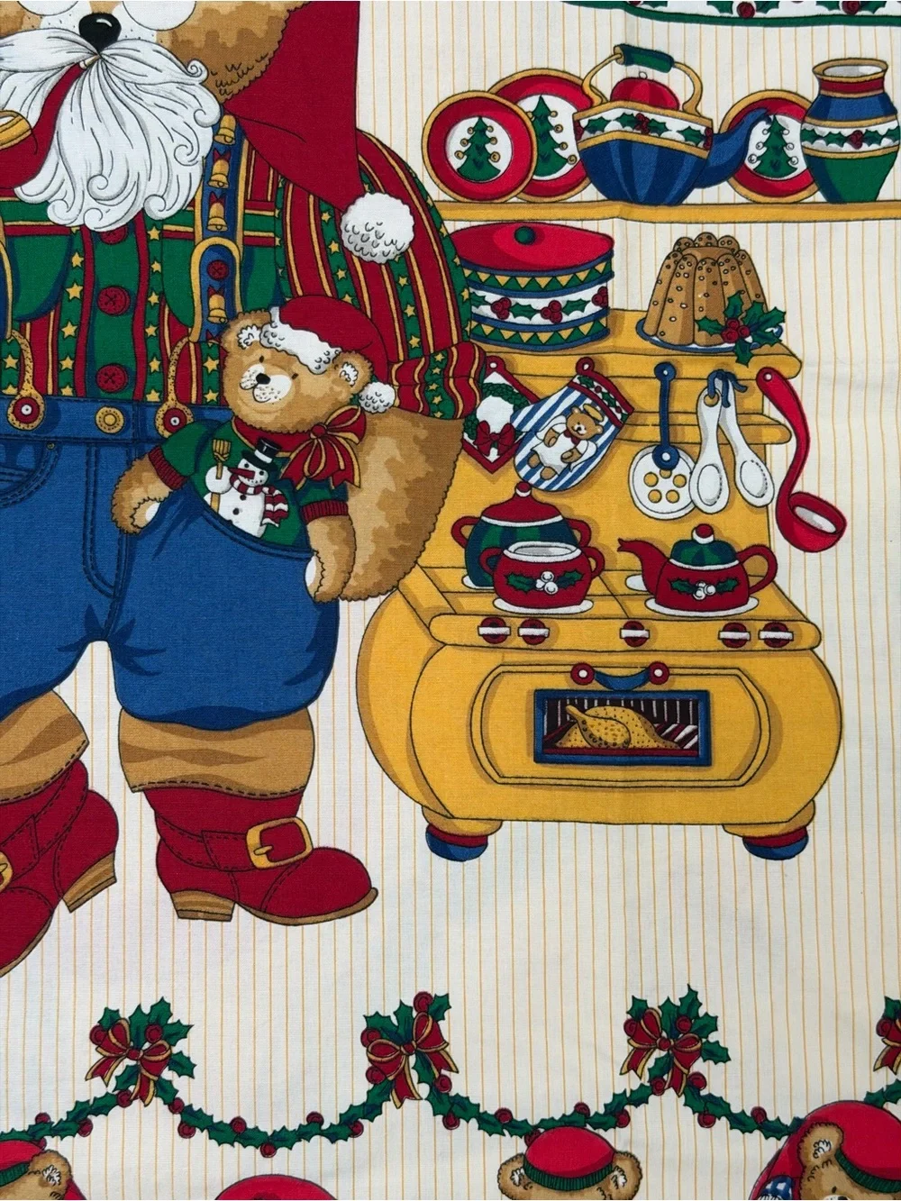 Santas' in the Kitchen Holiday Cotton Panel - Red & Green Bears